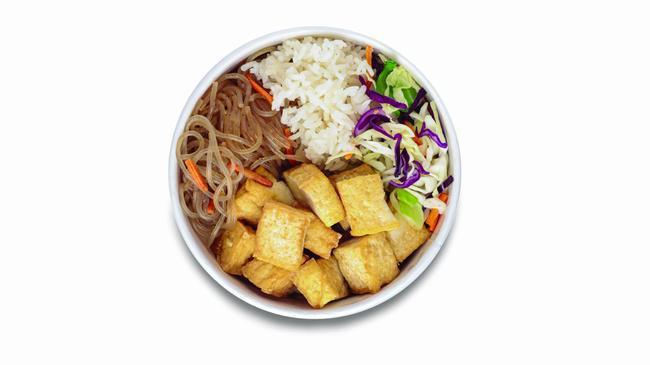 Doochi Bop (Vegetarian) · Korean style stir-fried tofu. Served with rice, cabbage mix, and noodle. *Vegan without lime sauce and spicy mayo sauce.