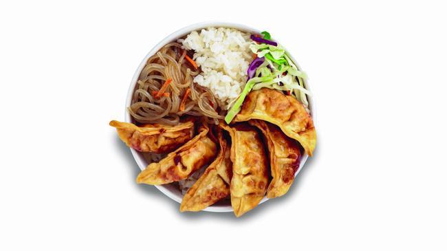 Mandoo Bop · 6 pieces of Mandoo (Korean pot sticker) served with rice, cabbage mix, and noodle.