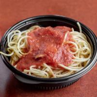 Spaghetti · Tomato sauce and grated cheese. Served with our fresh baked garlic bread.