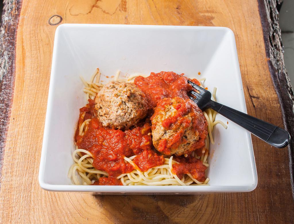 Spaghetti and Meatballs · Served with our fresh baked garlic bread.