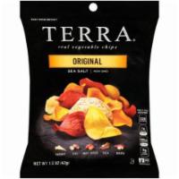 Terra Original Chips 1.5oz · This chip blend features yucca, sweet potato, parsnip, taro root, batata and beet-dipped veg...