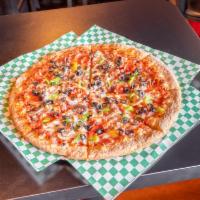 Works Pizza · Pepperoni, ham, Italian sausage, ground beef, bacon, mushrooms, onions, green peppers, and b...