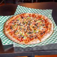 Veggie Pizza · Mushrooms, onions, green peppers, black olives, tomatoes and feta cheese. Vegetarian.