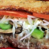 Steak and Cheese Sub · Steak, mushrooms, lettuce, tomatoes, onions, green peppers, mozzarella cheese, mayo, and hou...