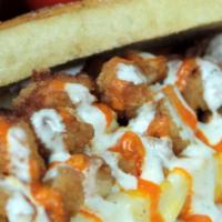 Buffalo Chicken Sub · Breaded chicken, buffalo sauce, ranch, white American cheese, and cheddar cheese.