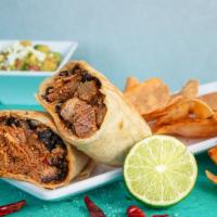 Pork Chile Verde Burrito · Tender cubed pork cooked in chile de arbol sauce, black beans, red onion, cilantro