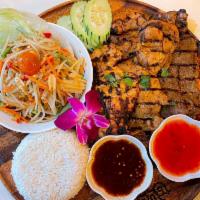 Special BBQ Combo Small · Combination favorite BBQ Pork, Beef and Chicken served with Papaya salad and choice of Stick...