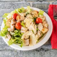 Chicken Caesar Salad · Grilled chicken breast, romaine hearts, shaved Parmesan cheese and crostini tossed with our ...