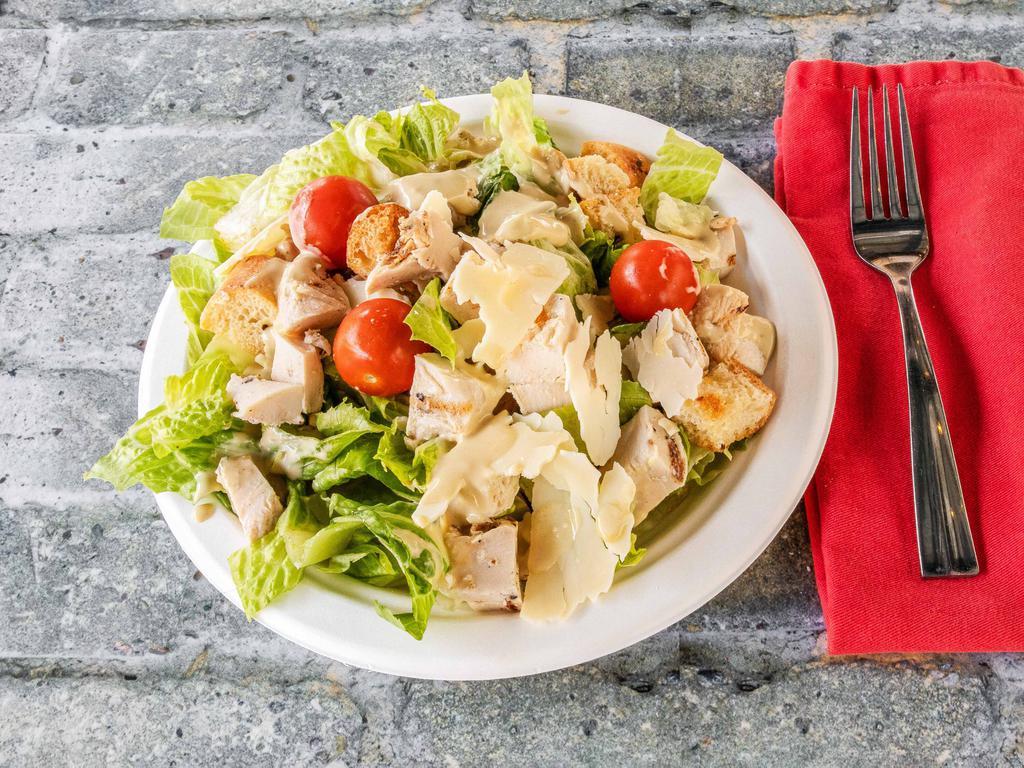 Chicken Caesar Salad · Grilled chicken breast, romaine hearts, shaved Parmesan cheese and crostini tossed with our homemade creamy Caesar dressing.