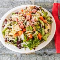 Italian Chopped Salad · Grilled chicken, chopped mixed greens, chickpeas tomatoes, carrots, mozzarella, salami and l...