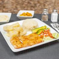 Pollo a La PLancha/Grilled Chicken Breast · White rice, fries & pico de gallo