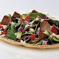 Gyros Combo · Seasoned strips of lamb and beef, spinach, cucumbers, tomatoes, onions, black olives, feta, ...