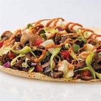 Philly Steak Combo · Steak, melted provolone, grilled onions, mushrooms and green peppers, iceberg lettuce, ancho...