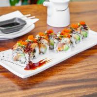 SFPD Roll · Shrimp tempura, spicy tuna, imitation crab meat, and avocado topped with unagi and unagi sau...