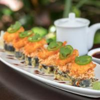 Chili Shrimp Roll · Krab, cream cheese and seaweed tempura in a spicy chili sauce, topped with spicy krab and sh...