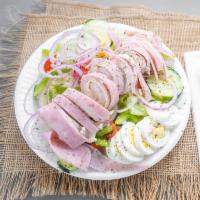 Chef Salad · Iceberg and romaine lettuce, tomatoes, onions, green peppers, red cabbage, cucumbers, eggs, ...