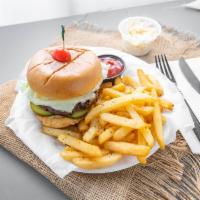 Cheeseburger Deluxe · Served with French fries and your choice of coleslaw or potato salad.
