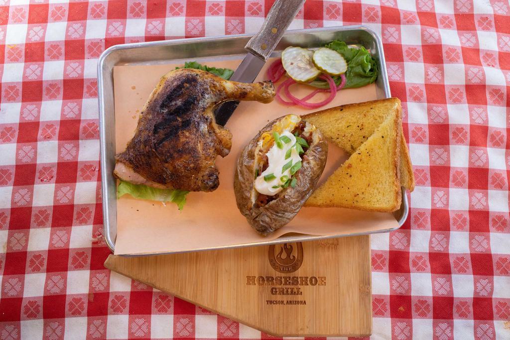 Quarter Chicken Combo · MESQUITE GRILLED QUARTER CHICKEN (THIGH AND DRUM) SEASONED WITH THG RUB. INCLUDES TEXAS TOAST AND ANY ONE SIDE. THIS ENTREE IS GLUTEN FREE WHEN YOU ADD A G.F. BUN AND G.F. SIDES