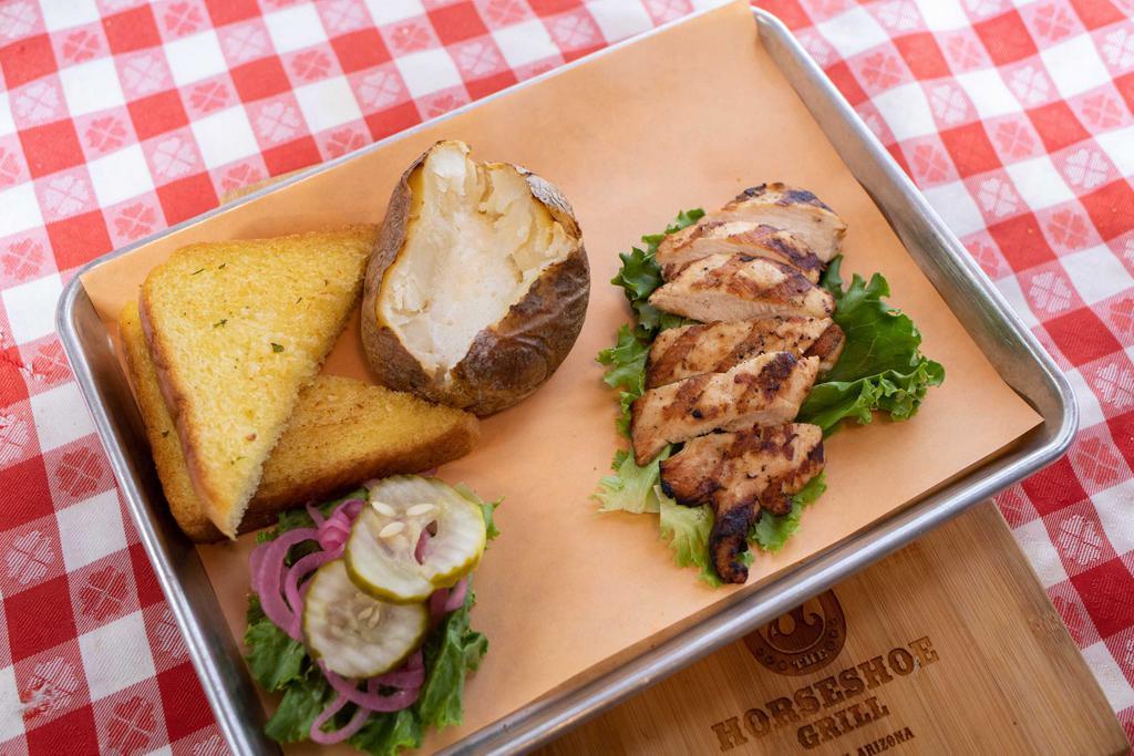 Grilled Chicken Breast · MESQUITE GRILLED WITH THG DRY RUB. INCLUDES ANY ONE SIDE. THIS ENTREE IS GLUTEN FREE BASED ON YOUR SIDE CHOICES