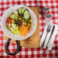 House Dinner Salad (gf*) · ROMAINE LETTUCE WITH CARROTS, CUCUMBER, GRAPE TOMATOES AND CROUTONS WITH YOUR CHOICE OF DRES...