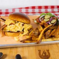 Mac & Cheeseburger · GRILLED BURGER TOPPED WITH MAC AND CHEESE, BACON AND CHEDDAR CHEESE. INCLUDES FRESH-CUT FRIE...