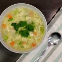 Egg Drop Soup · Vegetable broth, egg, carrot, onion green onion.