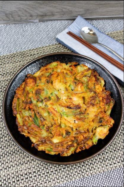 Haemul Pajeon · Korean seafood pancake shrimp, squid, mussels, clams, chives, green onion.