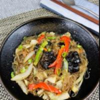Japchae · Stir fried glass noodles and veggies.