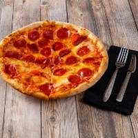 1 Topping Pizza · Savory pie with a dough base topped with sauce, cheese and your choice of 1 topping.