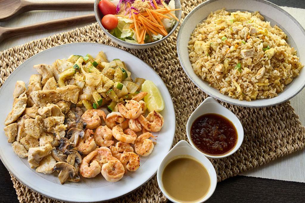 HK Chicken & Shrimp for 4 · Hibachi Shrimp and chicken breast grilled to your specification. Served with House salad, Hibachi vegetables, Homemade dipping sauces & Hibachi chicken rice.