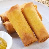 HK Spring Rolls · Lightly fried vegetable spring rolls served with spicy sesame mustard dipping sauce.