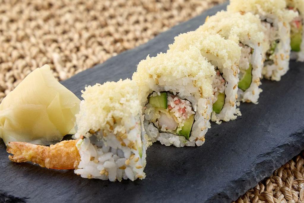 HK Shrimp Crunchy Roll · Shrimp tempura, avocado, cucumber, krab†, tempura crumbs.