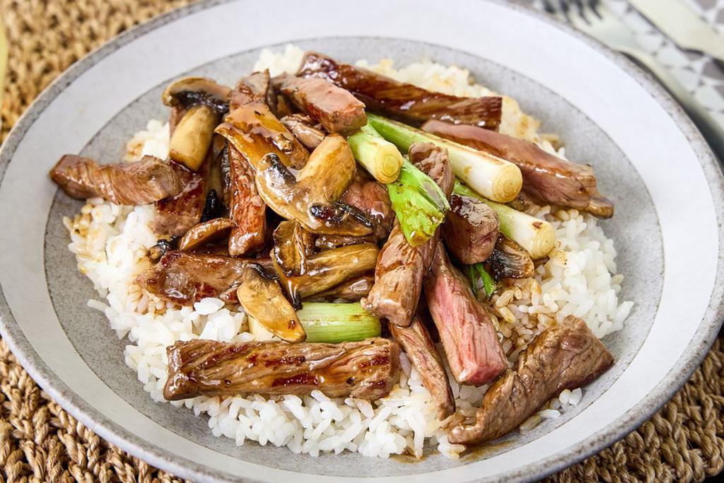  HK Teriyaki Bowl - Steak  · Grilled beef served over rice with sautéed zucchini,  mushrooms, and onions, topped with teriyaki sauce.