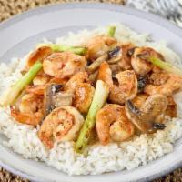 HK  Teriyaki Bowl - Shrimp · Grilled shrimp served over rice with sautéed zucchini,  mushrooms, and onions, topped with t...