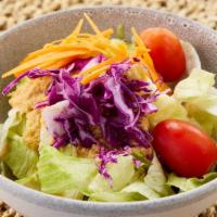 HK House Salad  · Crisp greens, red cabbage, carrots and grape  tomatoes in a homemade tangy ginger dressing.
