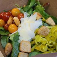 Garden Salad · Spring greens, romaine, cherry tomatoes, aged Parmesan, pepperoncini, croutons.