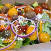 Greek Salad · Romaine, spinach and spring greens with Kalamata olives, sliced bell-pepper triad, English c...