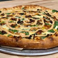 Alpha  · Garlic white sauce, brick-fired chilies, fresh spinach, grilled chicken, ricotta and shaved ...
