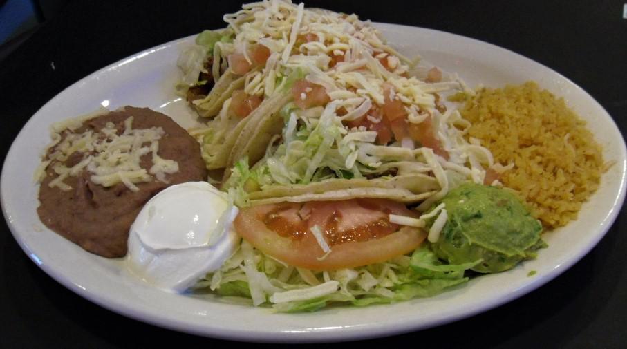 Taco Dinner · 3 tacos with choice of corn or flour tortillas. Choice of meat: ground beef, chicken, steak, pastor, carnitas, lengua or chorizo. Served with rice and beans, guacamole and sour cream.