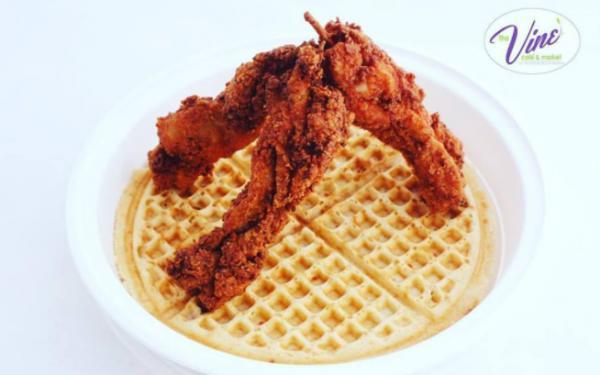 Chicken and Waffles · Our signature Vine waffle, topped with fried chicken and peach butter.