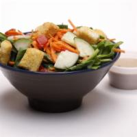 Side Salad · Spinach, cucumbers, tomatoes, croutons and dressing.