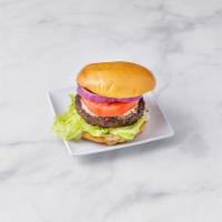Classic Steak Burger · 100% certified Angus beef. ( Lettuce, Tomato, Onion, Pickles, House sauce)