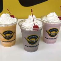 Milkshake · Choose from vanilla, chocolate, strawberry, cookies and cream topped with whipped cream.