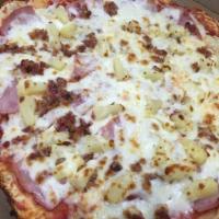 Hawaiian Pizza · Pizza Sauce, mozzarella cheese, ham, bacon and pineapple.