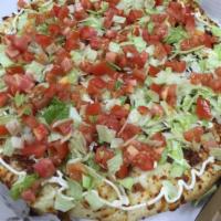 BLT Pizza · Mozzarella cheese, bacon, tomato, lettuce and miracle whip.