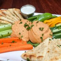Hummus · Carrots, cucumber, celery, bell peppers, bleu cheese dressing, pita bread