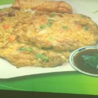 28. Shrimp Egg Foo Young Combination Platter · Served with fried rice and spring roll.