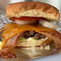 Bacon Cheeseburger · 1/4 lb patty, bacon, lettuce, tomato, onion, cheddar cheese & mayo aioli