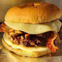Philly Steak Burger · 1/4 lb patty, chopped steak, provolone cheese, mayo, sauteed onions, sauteed peppers, sautee...