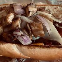 Smash Brat · Juicy Brat with mayo, bacon, cheese, sauteed onions and sauteed mushrooms